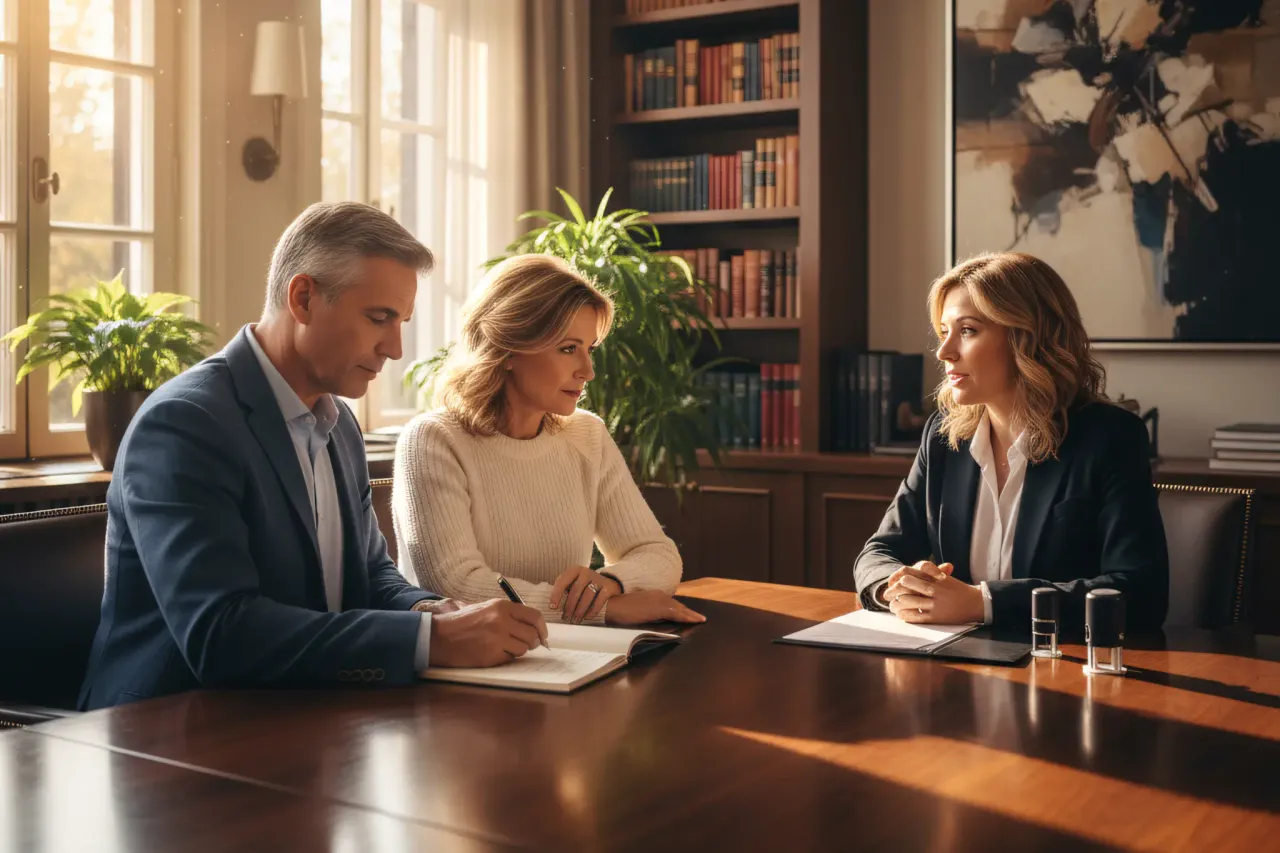 Ludzie rozmawiający z notariuszem w kancelarii