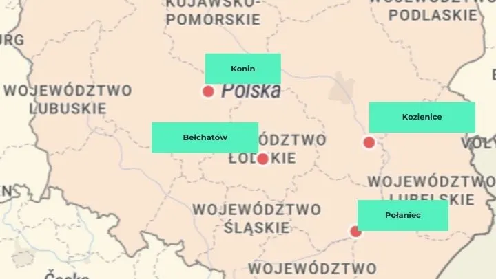 Mapa Polski potencjalne lokalizacje drugiej elektrowni jądrowej Bełchat&oacute;w Konin