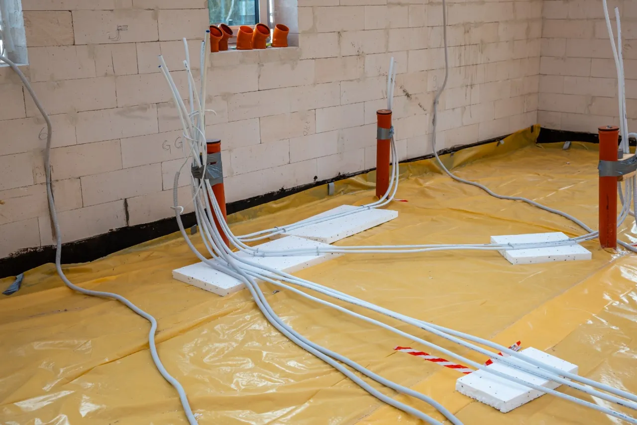 Przygotowanie do zabezpieczenia przewod&oacute;w elektrycznych w nowym budynku. Białe rury biegną po ż&oacute;łtej folii izolacyjnej, wychodząc z pomarańczowych osłon.