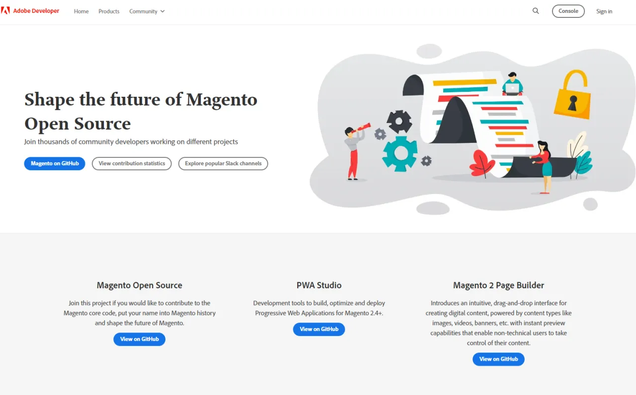 Ilustracja przedstawia społeczność programist&oacute;w pracujących nad platformą Magento.