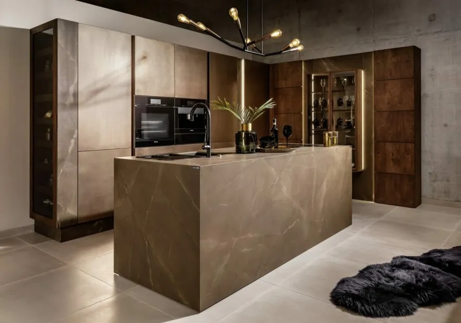 kuchnia brązowe meble blat drewniany marmurowy betonowy