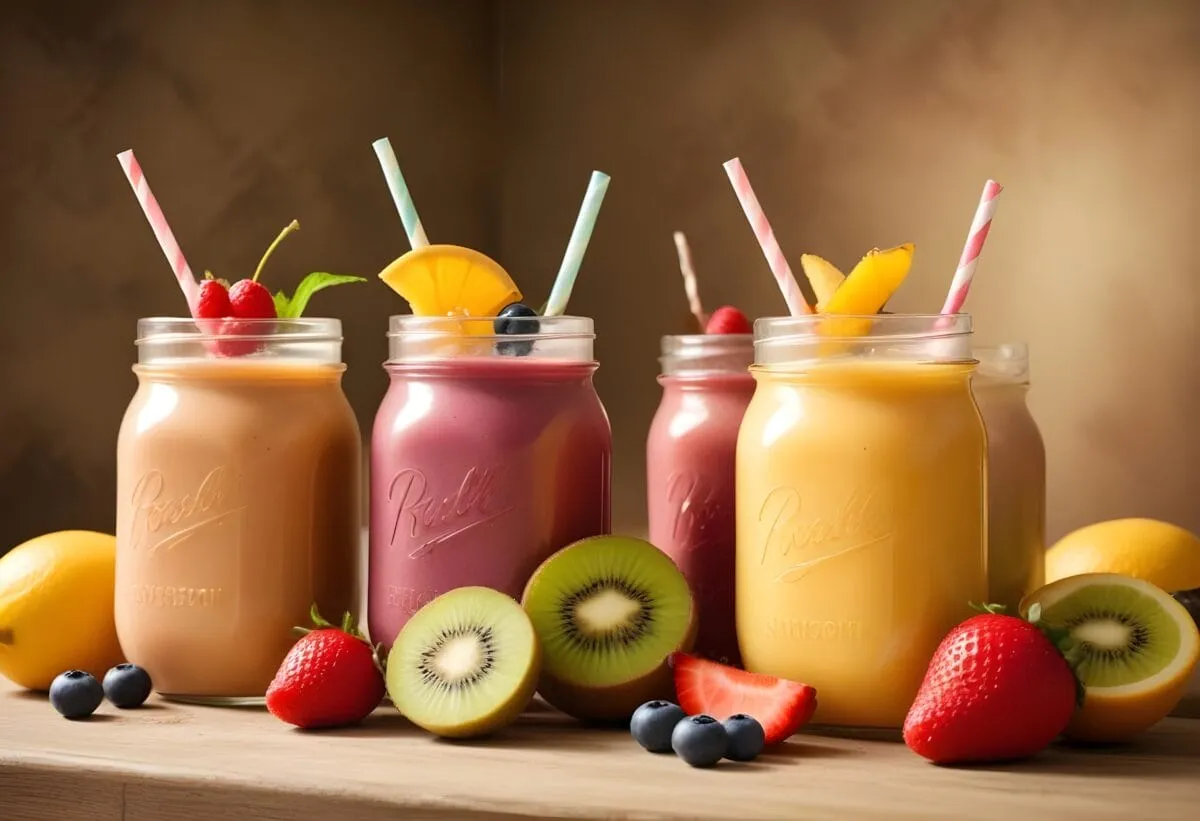 Kolorowe musy owocowe w słoikach, z owocami i słomkami. Czy musy owocowe są lekkostrawne? Tak, te wyglądają na idealne!