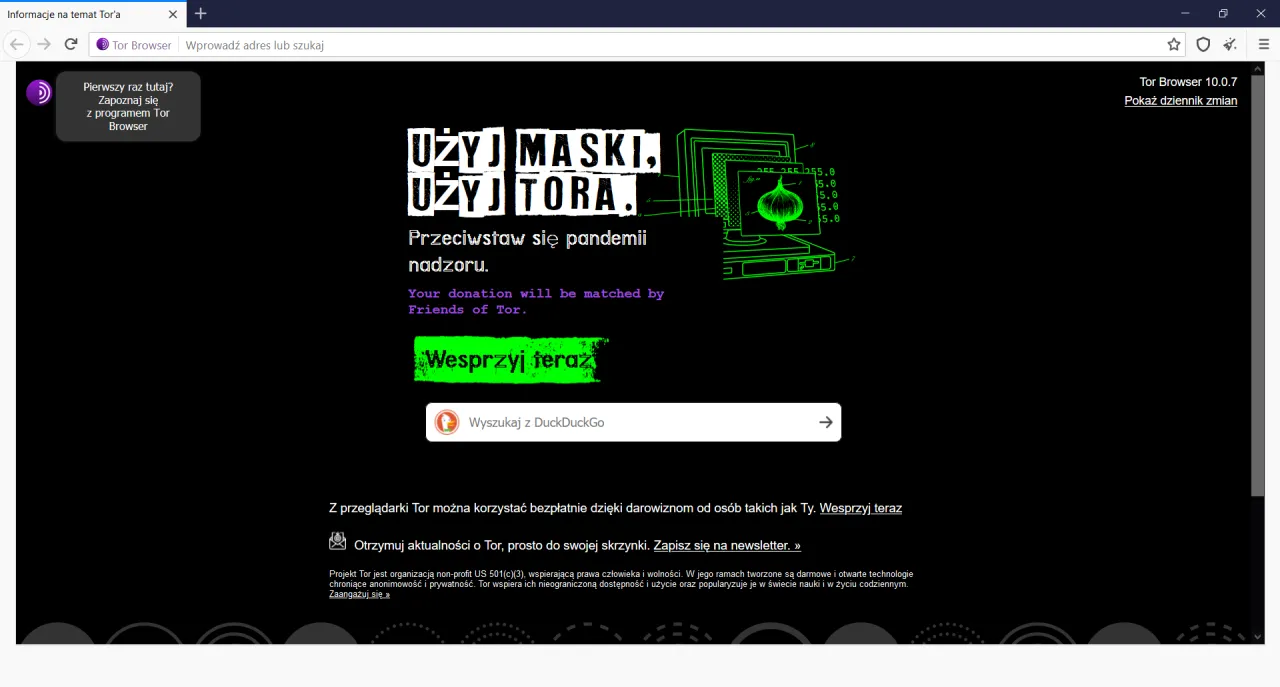Strona gł&oacute;wna przeglądarki Tor Browser z hasłem 