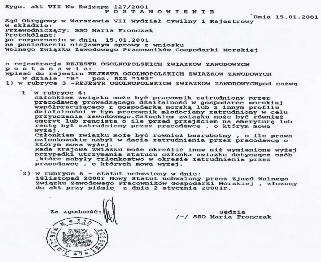 statut związku zawodowego, dokumenty prawne, pieczęć, paragrafy