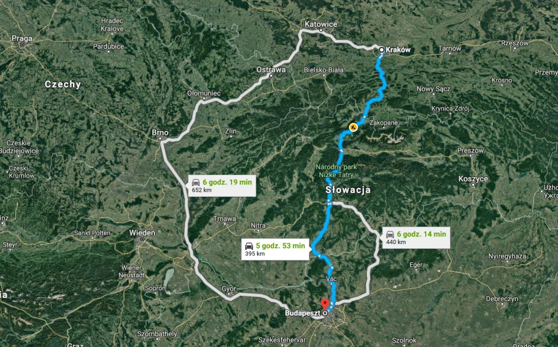 Mapa trasy Polska Budapeszt samochodem