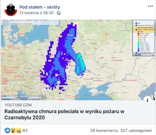 Przykładowa mapa symulacji rozprzestrzeniania się chmury radiacyjnej