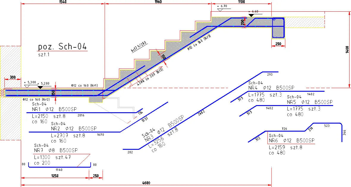 Schemat zbrojenia schod&oacute;w jednobiegowych, przekr&oacute;j