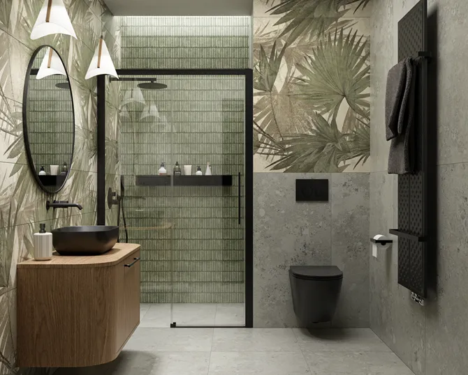 Szara fuga z zielonymi płytkami, aranżacje