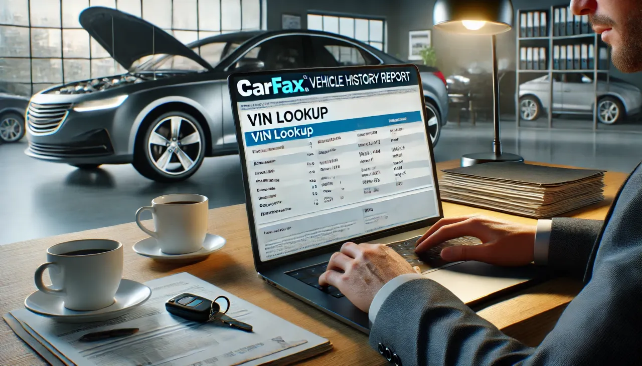 Sprawdzanie historii pojazdu z USA na laptopie. Na ekranie raport CarFax VIN Lookup. Obok kawy i kluczyki.