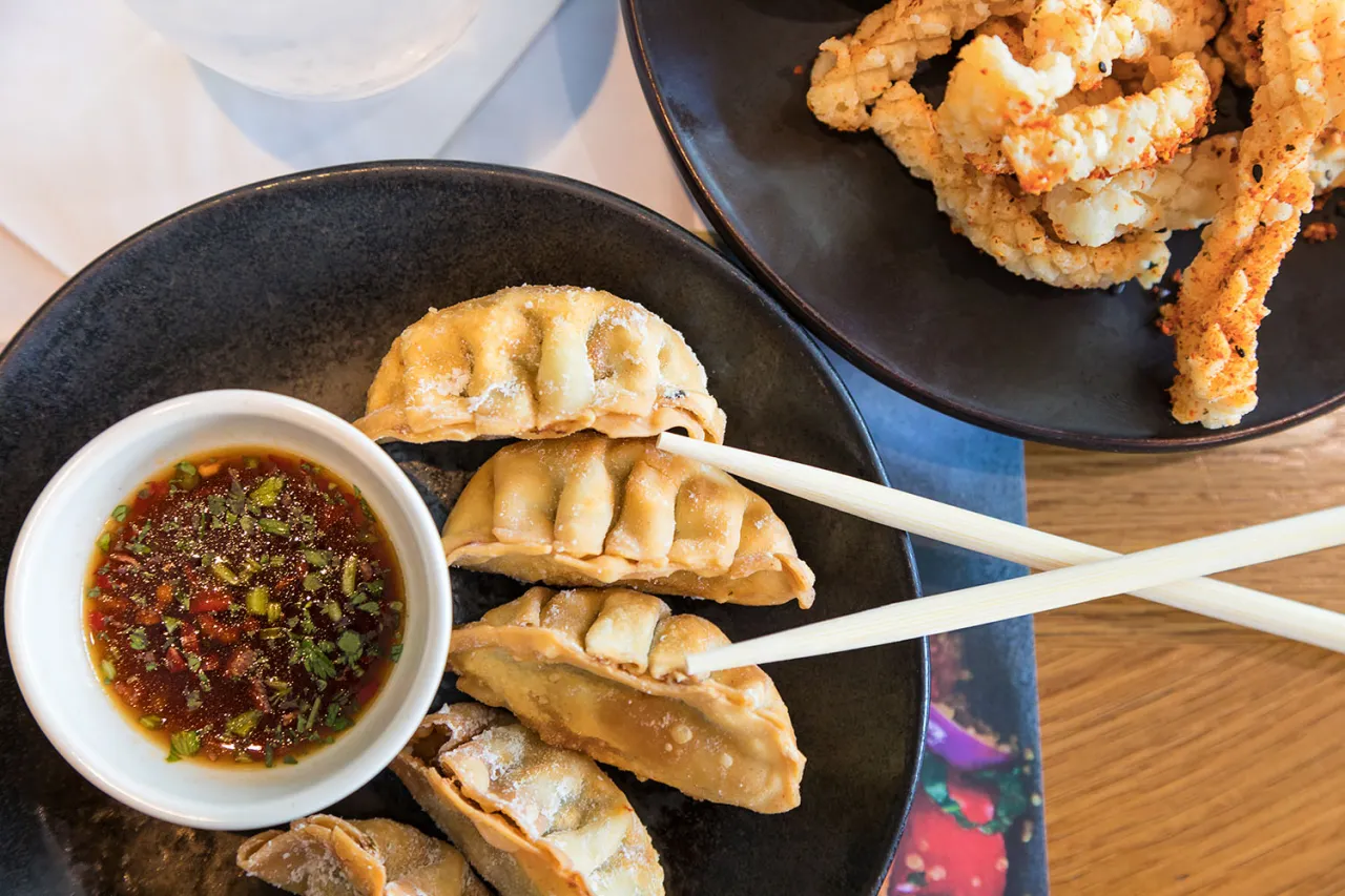 Złociste pierożki gyoza z sosem i chrupiące kalmary &ndash; idealne, co podać opr&oacute;cz sushi.