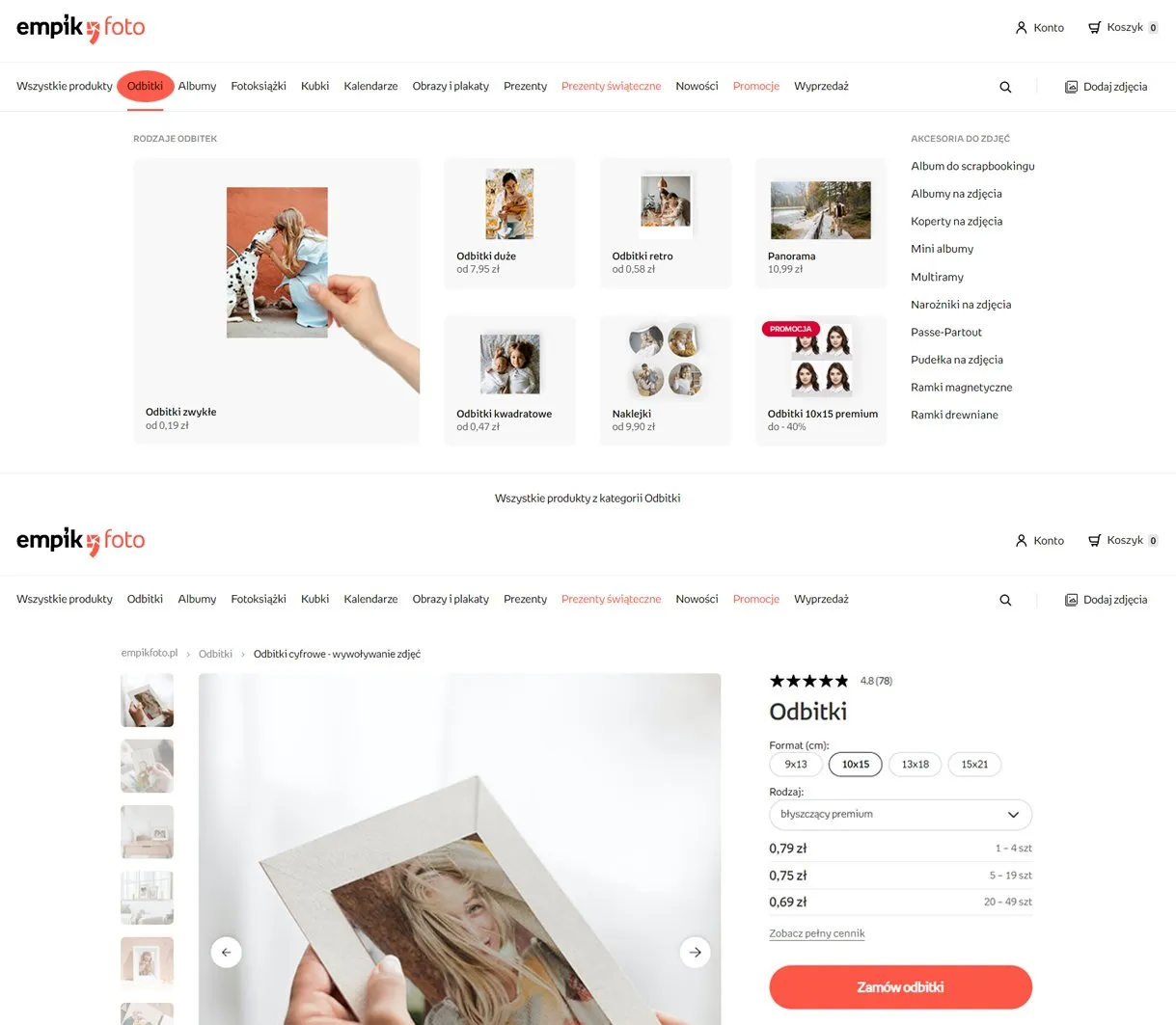 Empik Foto strona internetowa interfejs zamówienia zdjęć