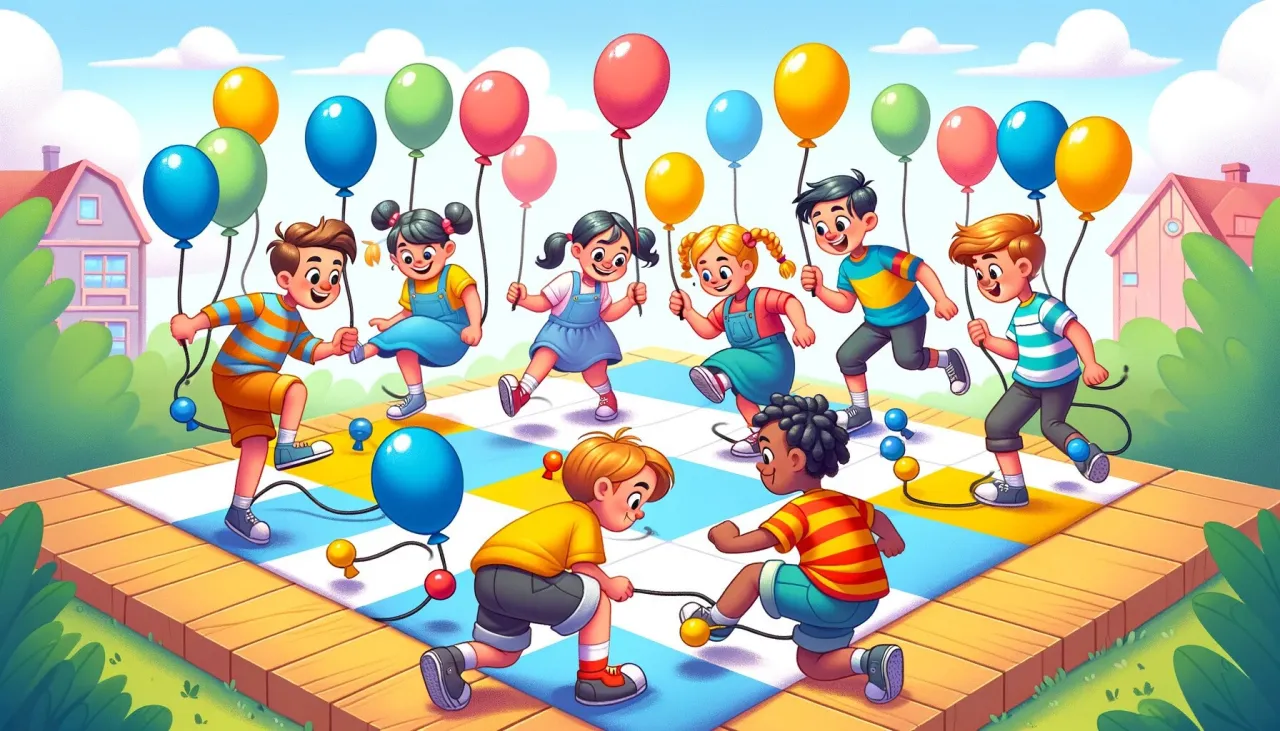 dzieci bawiące się balonami pod nadzorem dorosłego