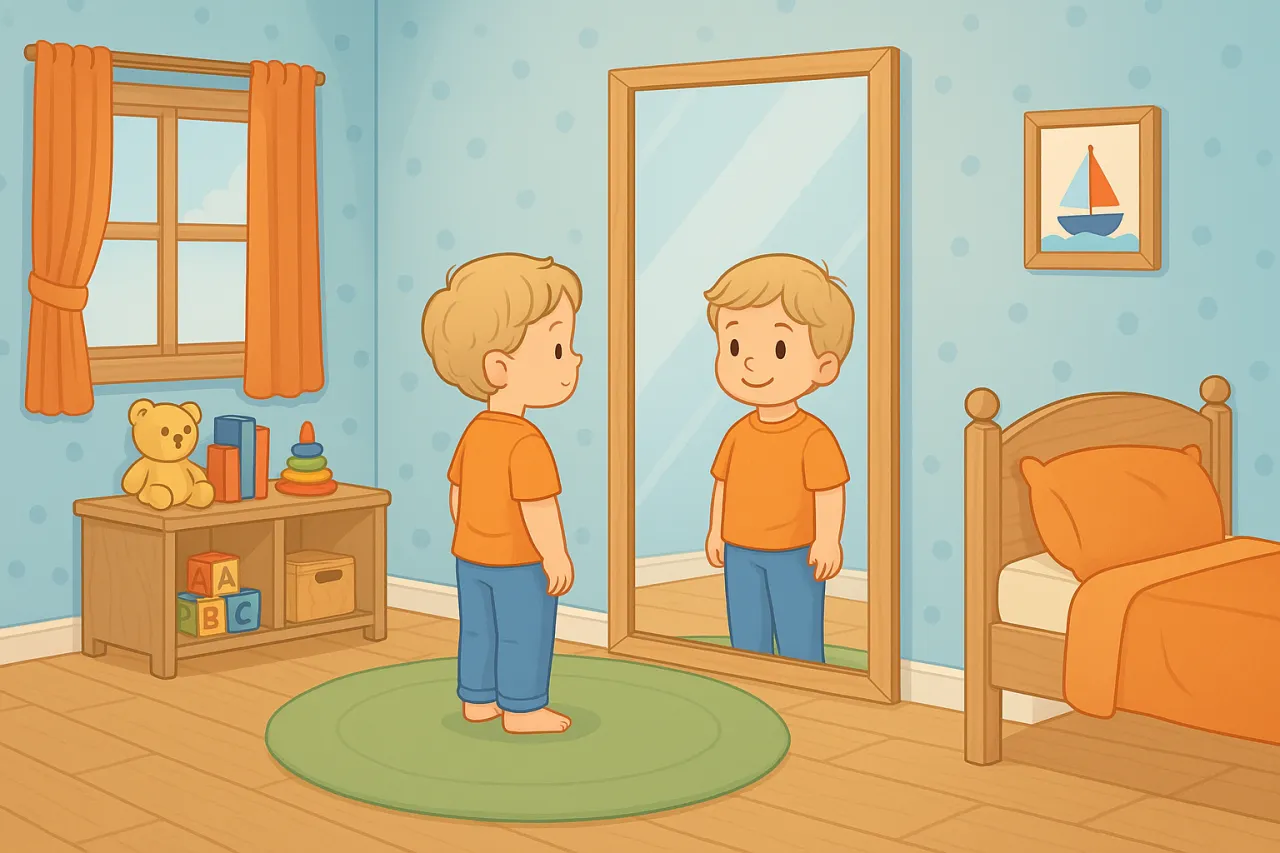 Chłopiec w pomarańczowej koszulce patrzy w lustro. Może to być moment, gdy zastanawia się, dlaczego dziecko nie powinno patrzeć w lustro, ale tu wygląda na zadowolonego.