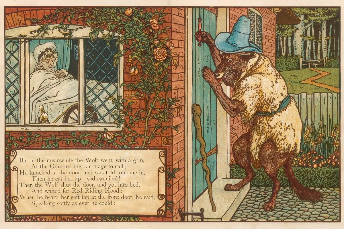 Wymyślona baśń o zwierzętach: wilk w niebieskim kapeluszu puka do drzwi chatki babci, kt&oacute;ra wygląda przez okno.