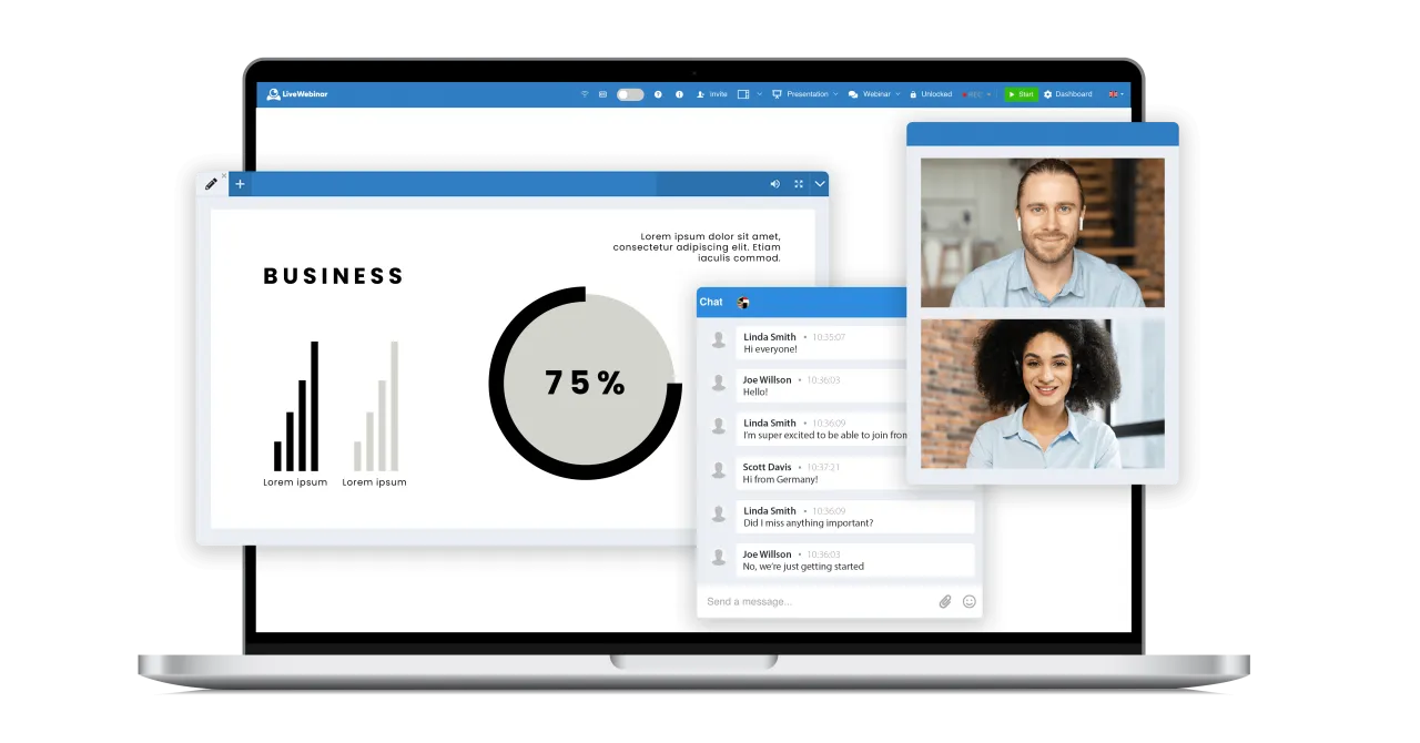 Interaktywny ekran laptopa prezentuje webinarium: wykresy, czat i wideo z uczestnikami. Dowiedz się, webinarium co to jest i jak działa!