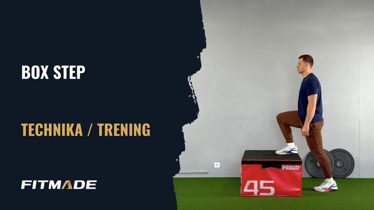 Mężczyzna wykonuje ćwiczenie box step, element treningu crossfit. Pokazana technika i trening.