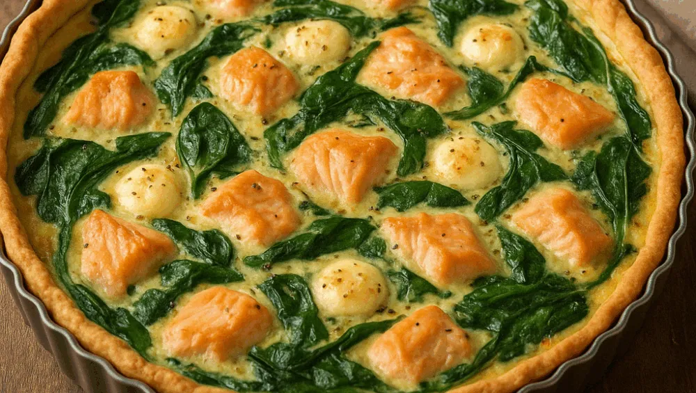 eleganckie dania ze szpinakiem, tarta ze szpinakiem i łososiem