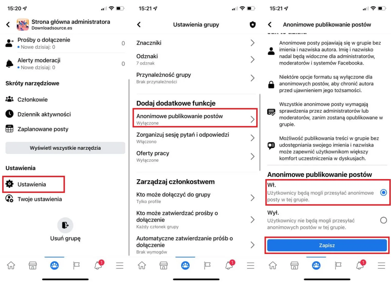 Facebook anonimowy post w grupie opcja