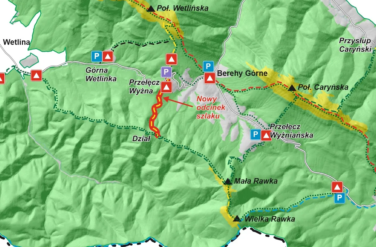 Mapa szlak&oacute;w Bieszczady Przełęcz Wyżniańska Mała Rawka