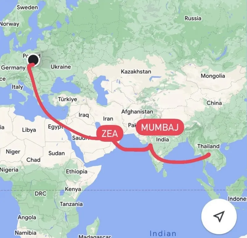 Mapa lotów z przesiadkami do Tajlandii