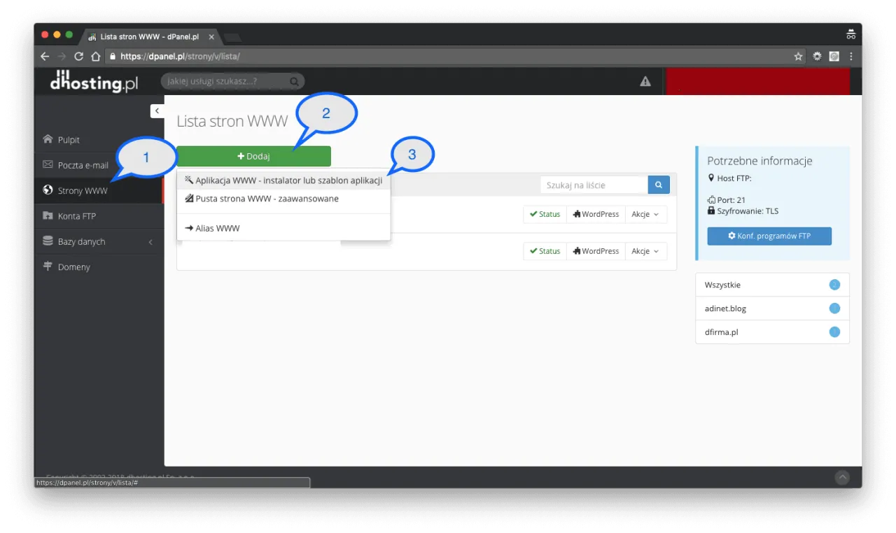 Panel dhosting.pl: kliknij 
