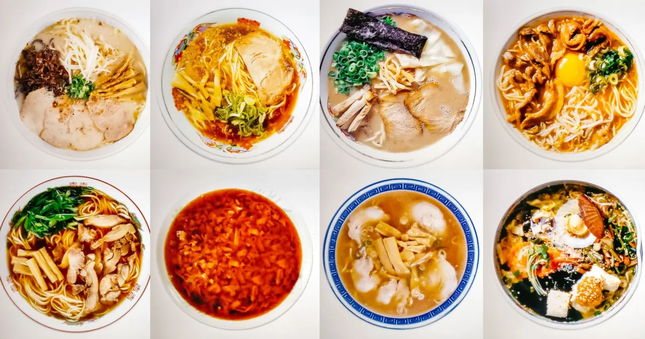 Różne rodzaje bulionów ramen w miseczkach