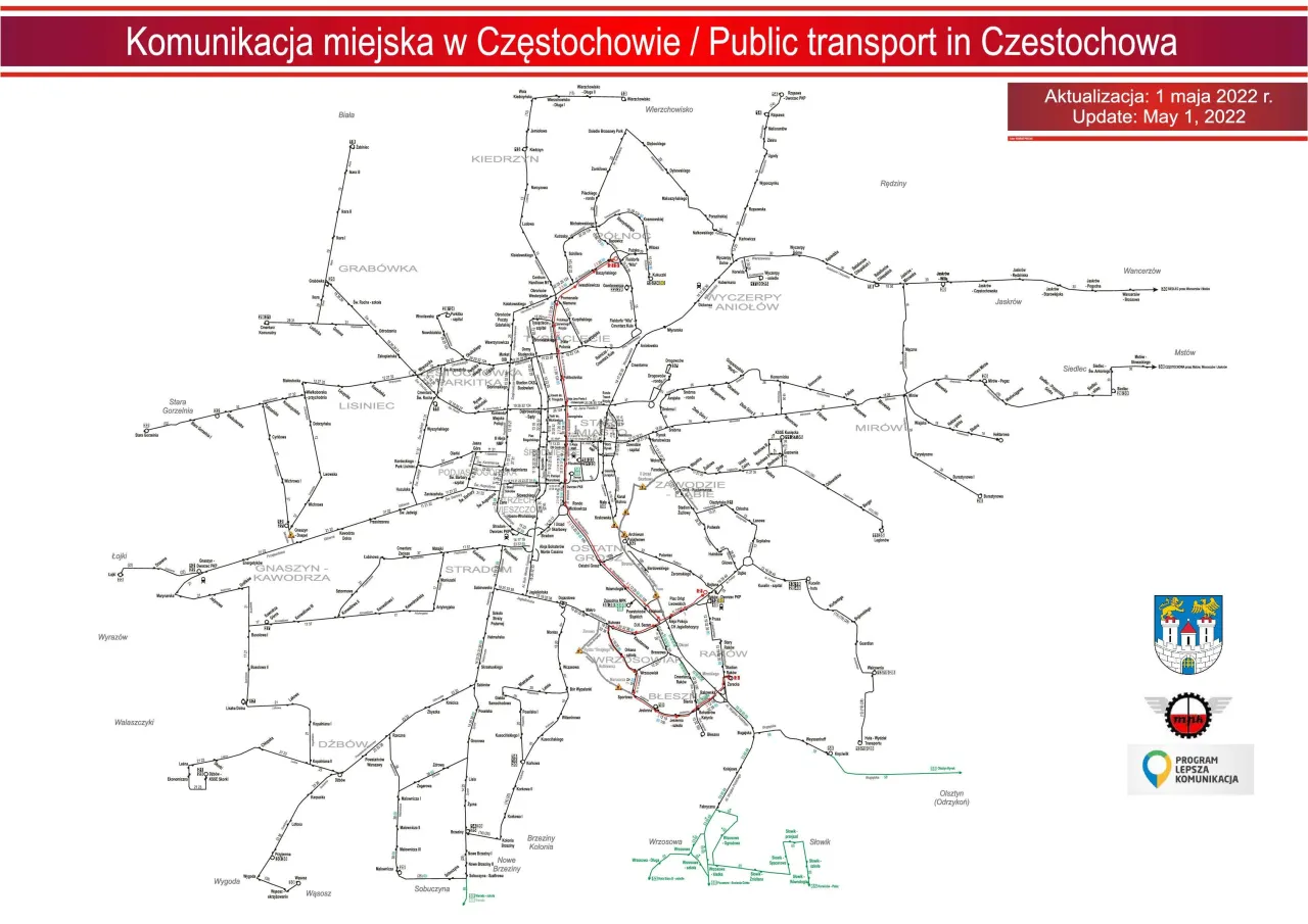Mapa trasy autobusu linii 22 Częstochowa