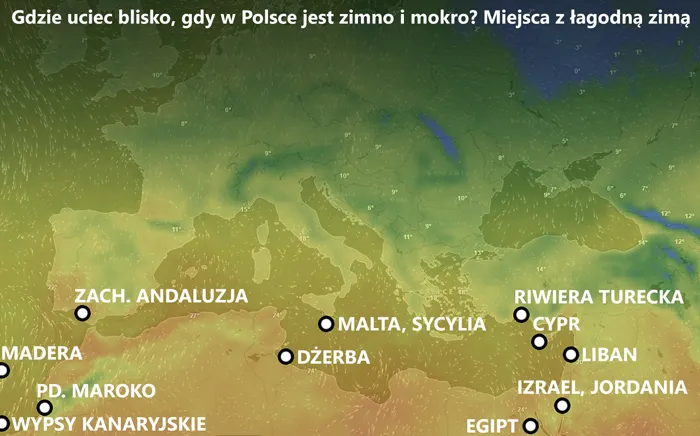 Mapa ciepłych kraj&oacute;w w styczniu blisko Europy