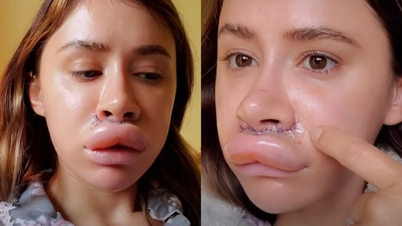 Kobieta przykładająca zimny okład do ust po zabiegu powiększania