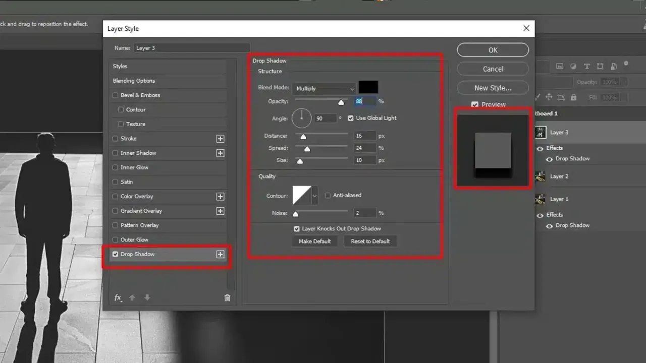 rodzaje cieni photoshop cast shadow inner shadow contact shadow