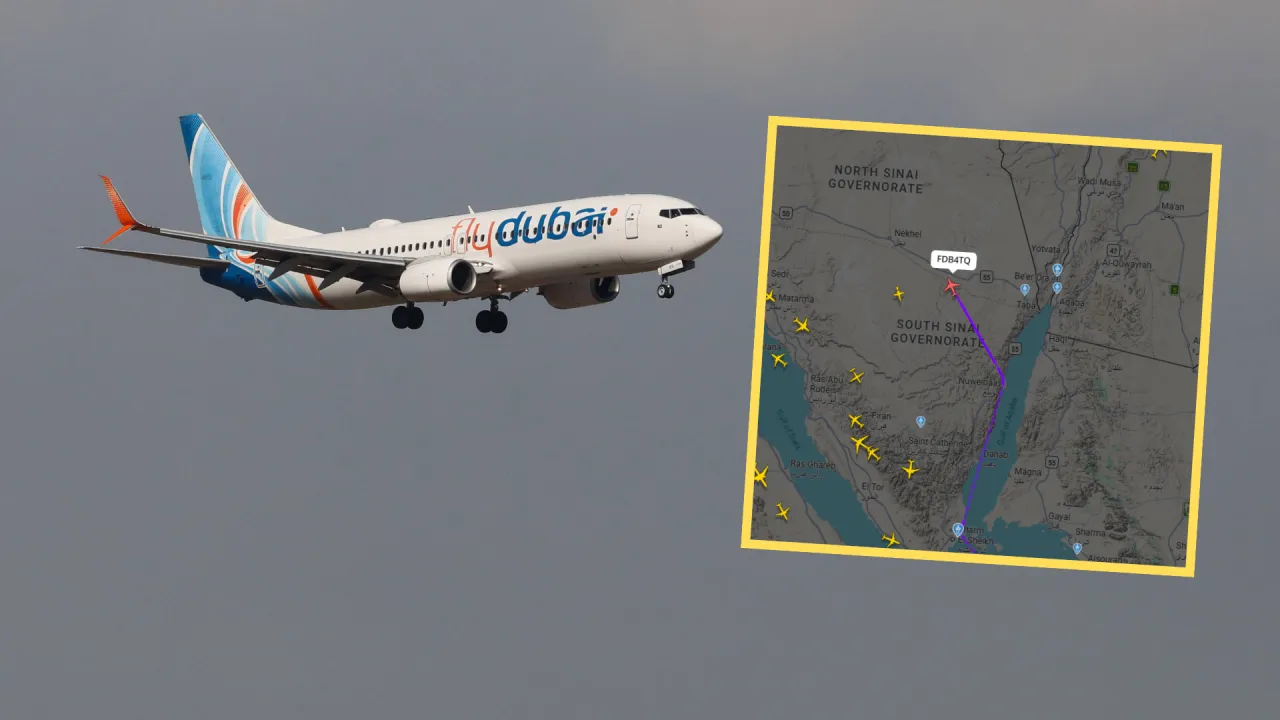 Samolot Flydubai leci nad P&oacute;łwyspem Synaj. Zastanawiasz się, ile trwa lot do Dubaju z Krakowa?