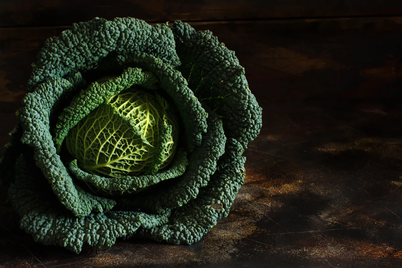 Zielona, pomarszczona kapusta na ciemnym tle. Zastanawiasz się, czy kapustę można mrozić? Tak, można ją mrozić, by zachować świeżość na dłużej.