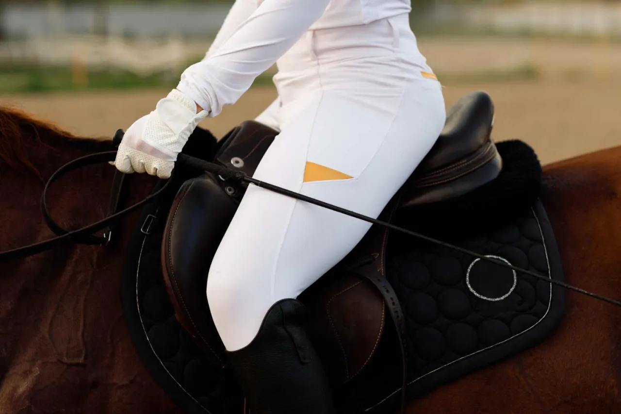 Jeździec w białych bryczesach i rękawiczkach siedzi na brązowym koniu. Pod siodłem widoczny jest czaprak na koniu.