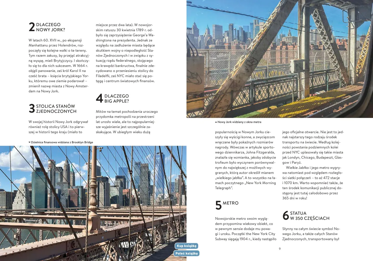 Widok na Nowy Jork z mostu Brooklyn, z wieżowcami w tle. W tekście mowa o historii i atrakcjach tego miasta, w tym o jego nazwie i metrze.