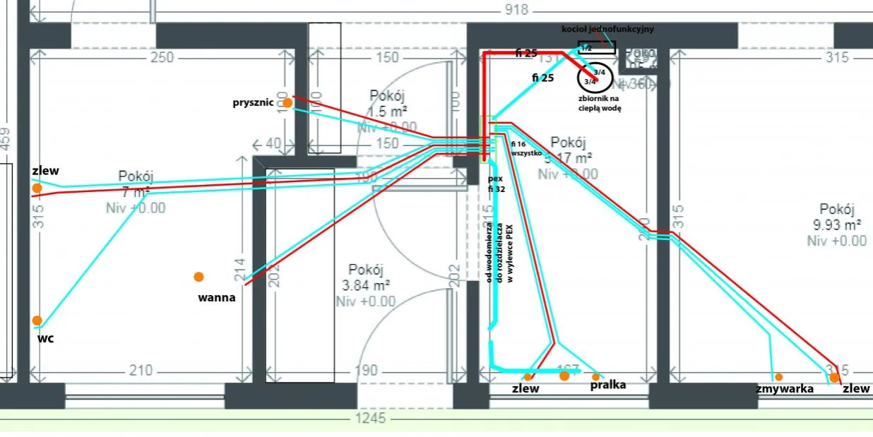 schemat instalacji wodnej z rozdzielaczem PEX