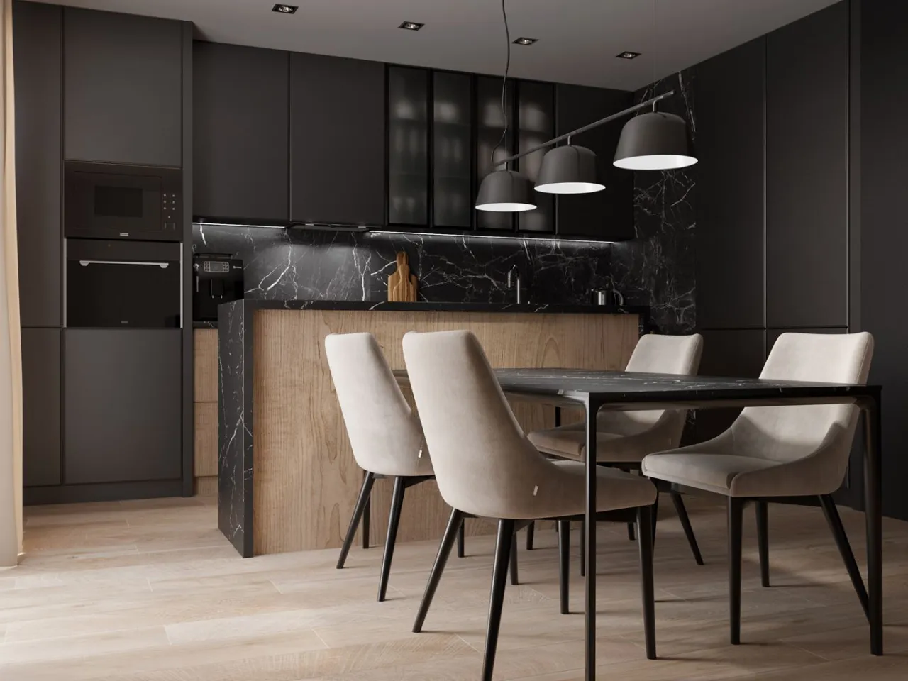 czarna kuchnia płytki drewnopodobne beżowe