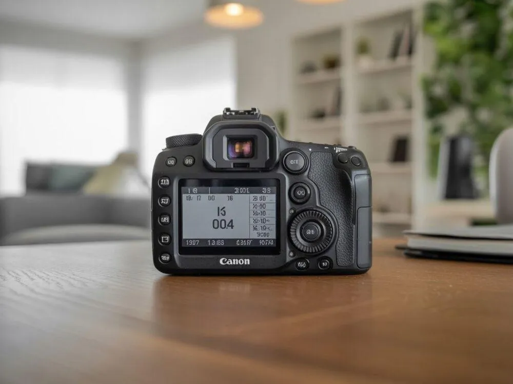 Aparat Canon podłączony do komputera z wyświetlonym programem do sprawdzania przebiegu migawki