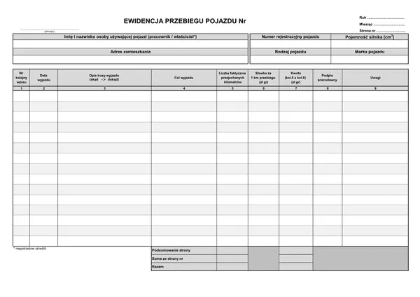 formularz ewidencji przebiegu pojazdu, kilometrówka wzór