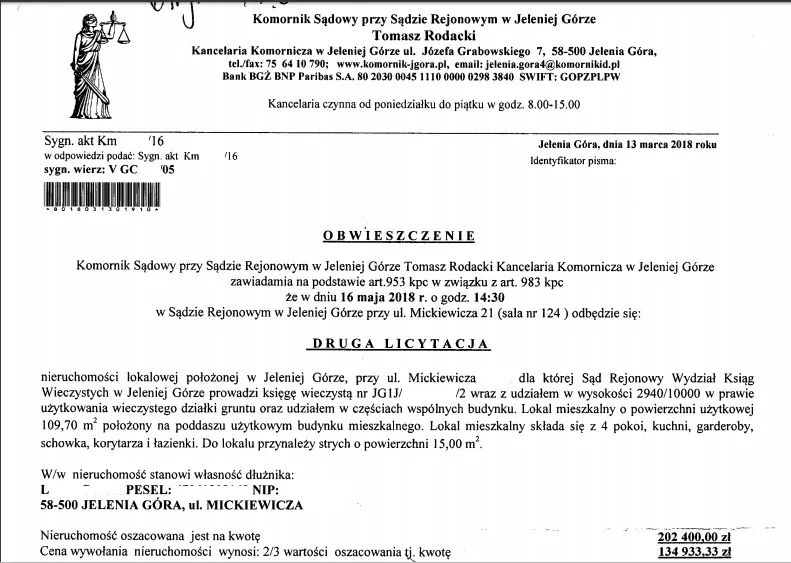 Egzekucja komornicza, zajęcie konta bankowego, licytacja nieruchomości