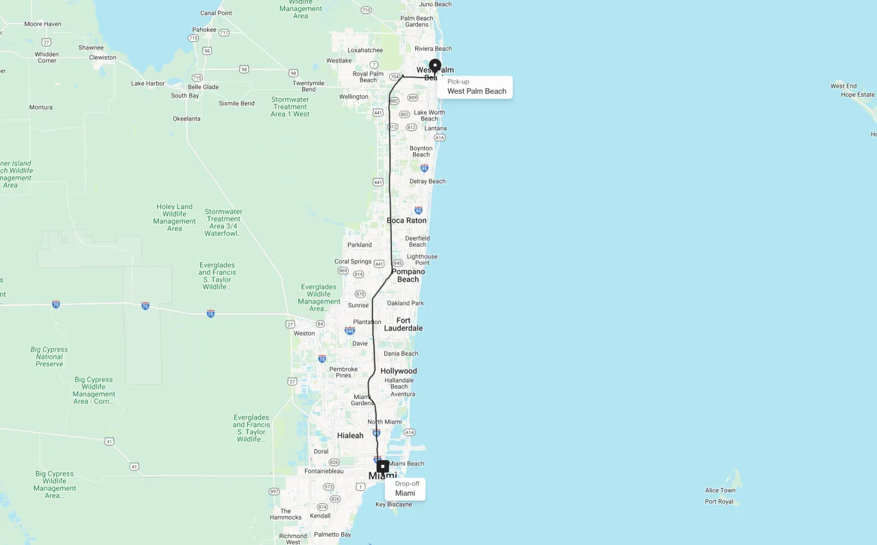 Mapa pokazuje trasę z West Palm Beach do Miami. Zastanawiasz się, ile trwa lot do Miami?