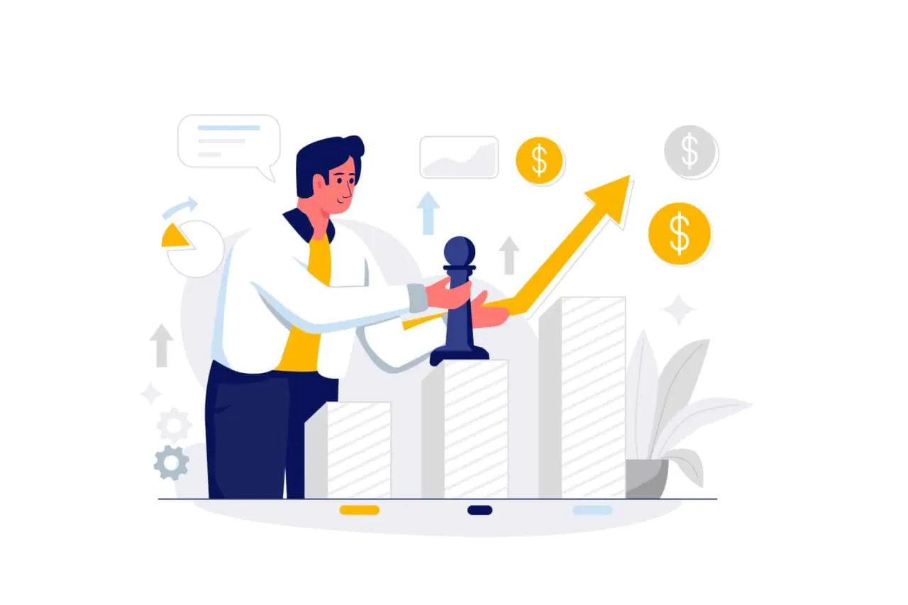 Mężczyzna z figurką szachową na tle wykresu wzrostu symbolizuje strategię marketingową i wysoki roi.