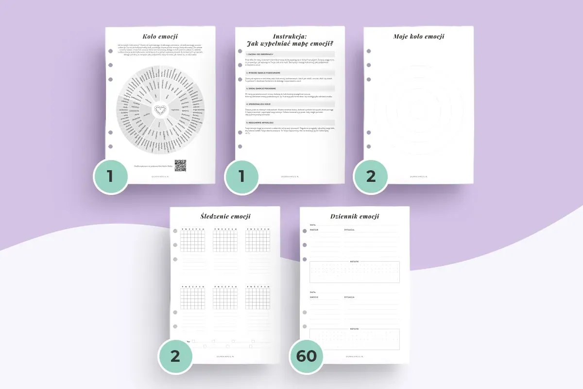 Zestaw materiał&oacute;w do pracy z emocjami: koło emocji, instrukcja, arkusze do śledzenia i dziennik emocji.