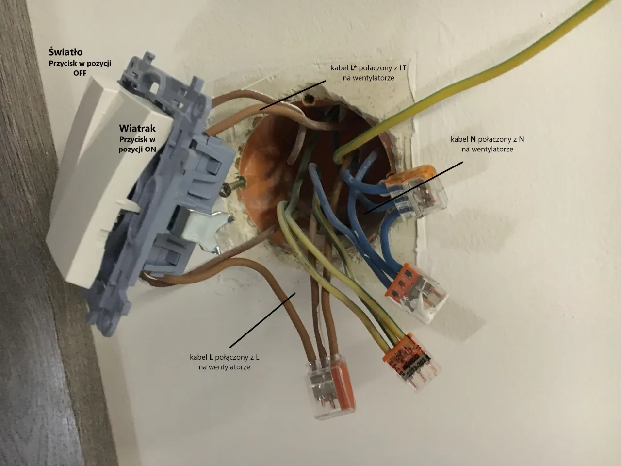 Schemat podłączenia wentylatora łazienkowego do włącznika światła