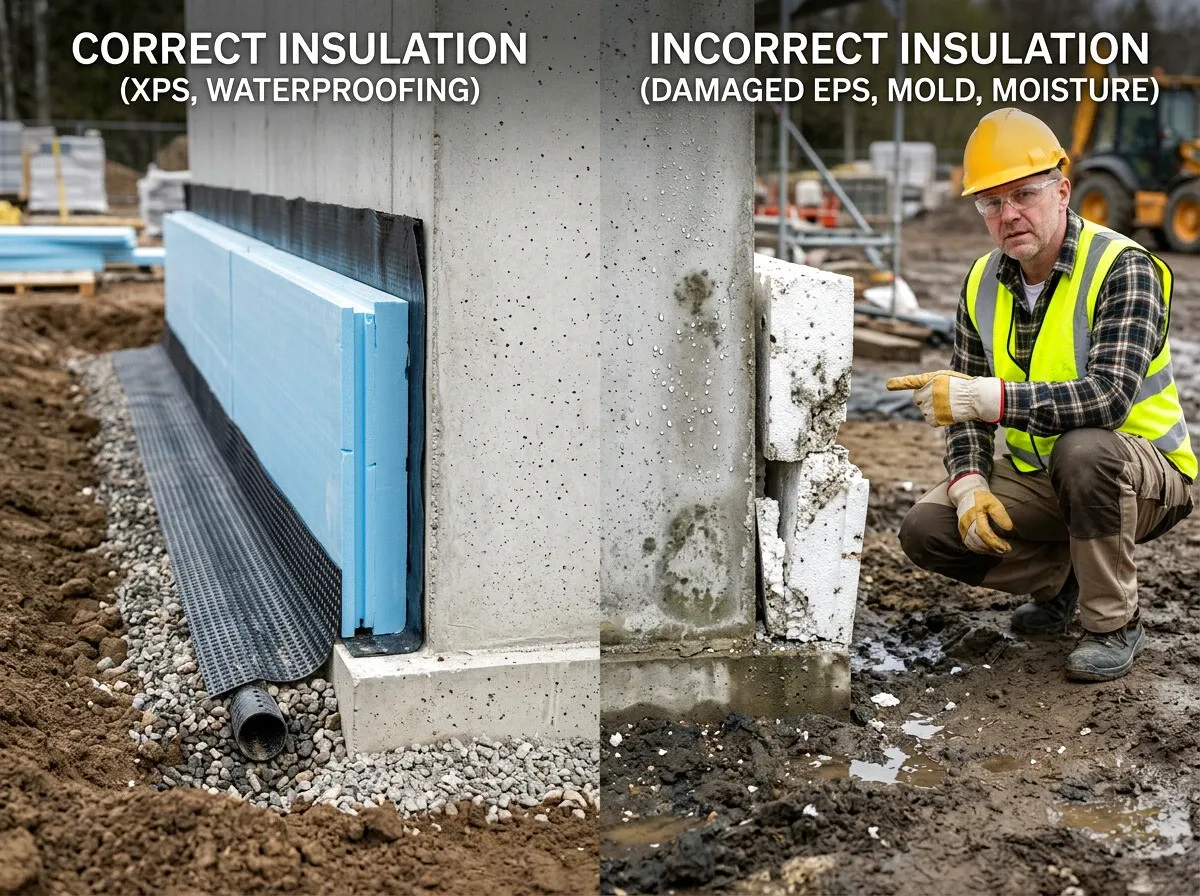 Prawidłowe ocieplenie fundamentów: XPS i hydroizolacja. Błędne: zniszczony styropian, pleśń, wilgoć. Czym smarować fundamenty? XPS!