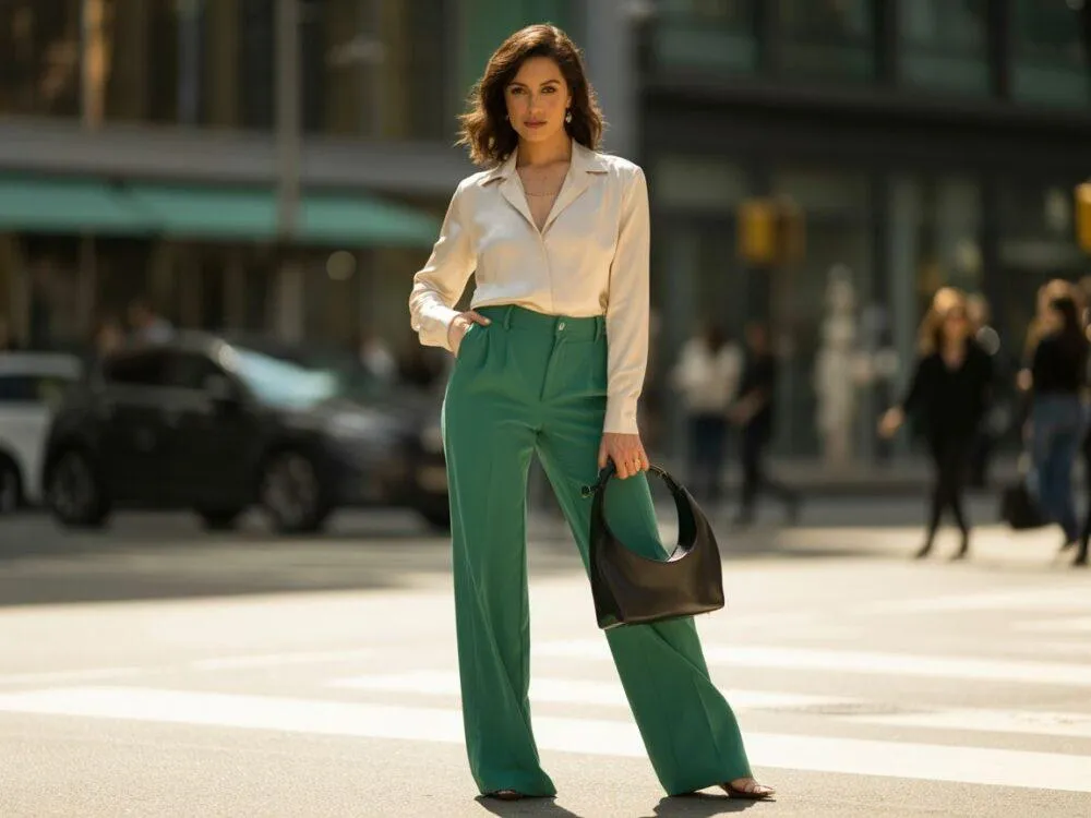 zielone spodnie stylizacje odważne kolory