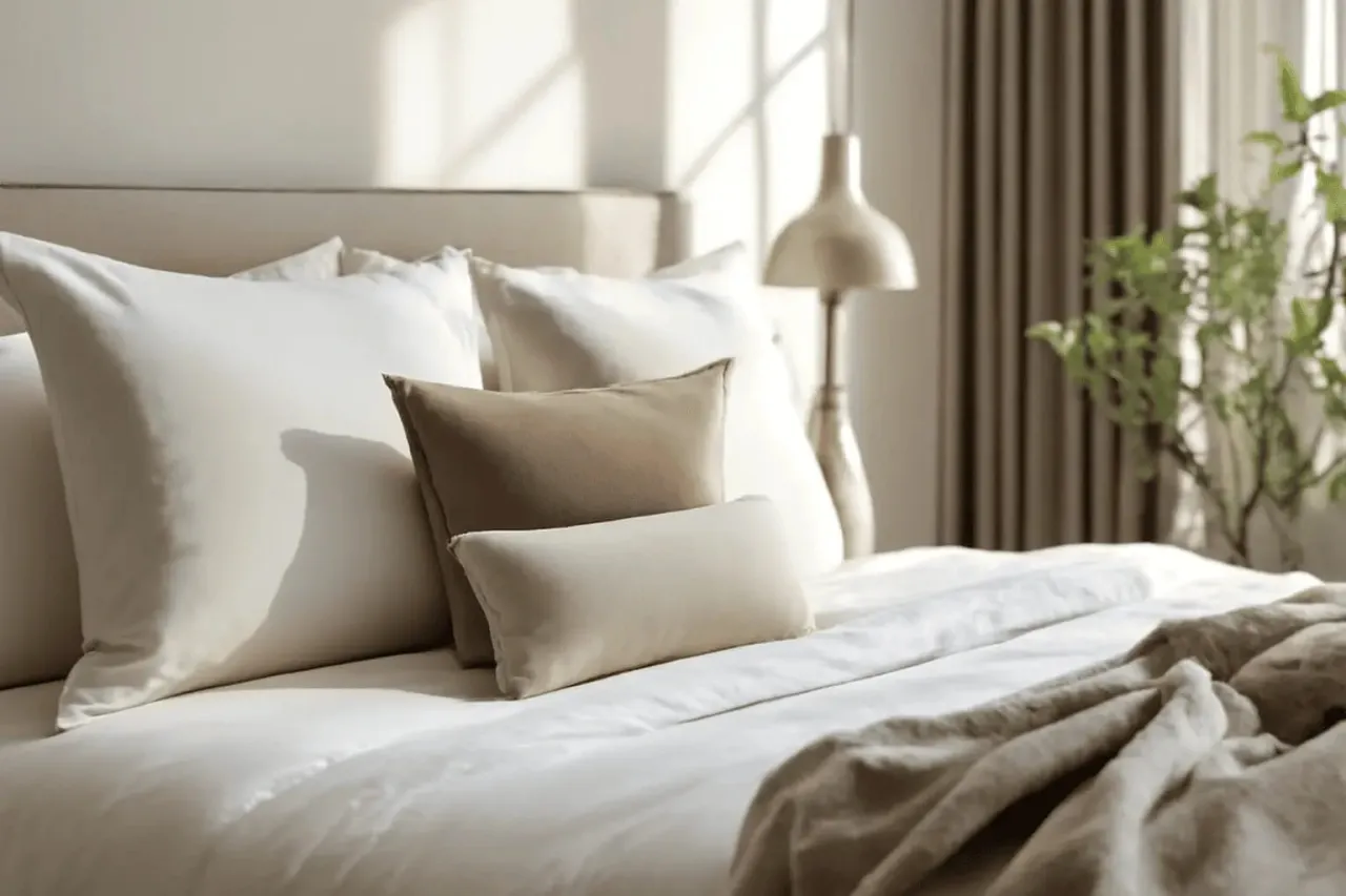 różne układy poduszek na łóżku inspiracje