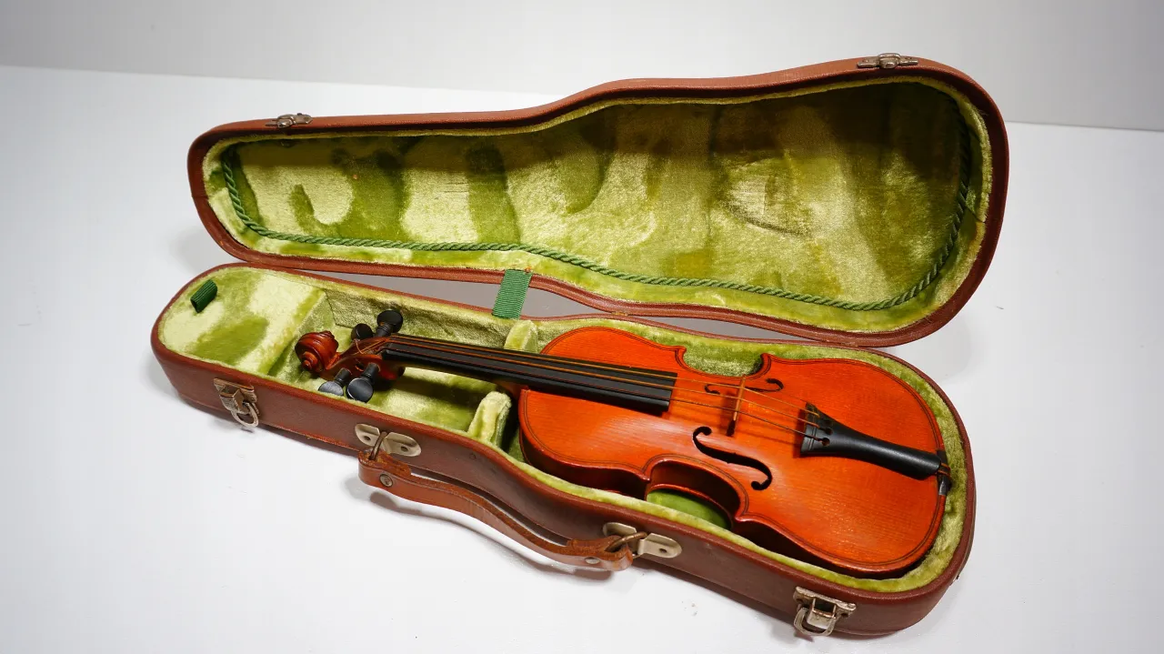 Stare skrzypce etykieta, lupa, detale