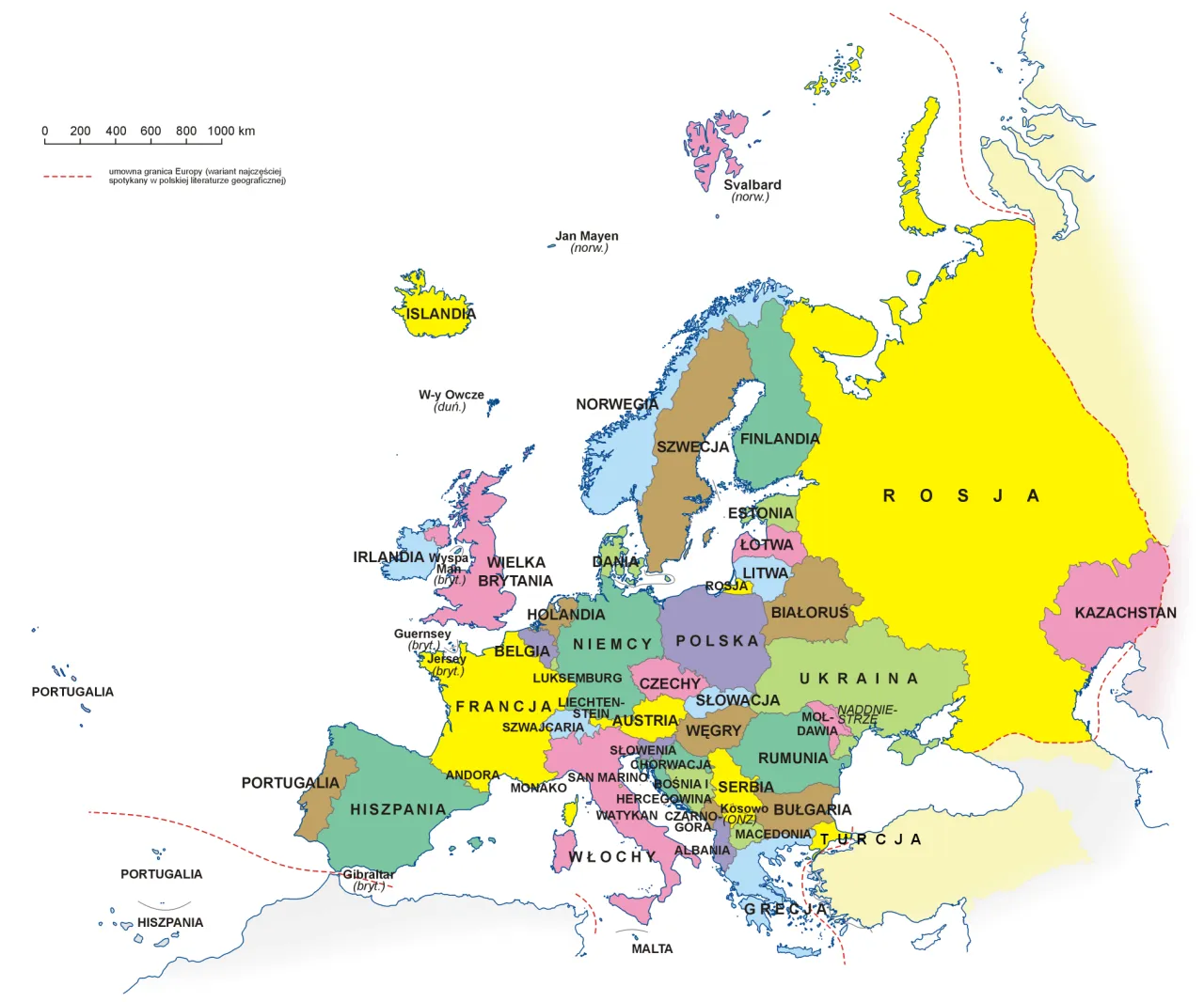 Mapa Europy z zaznaczonymi popularnymi kierunkami turystycznymi