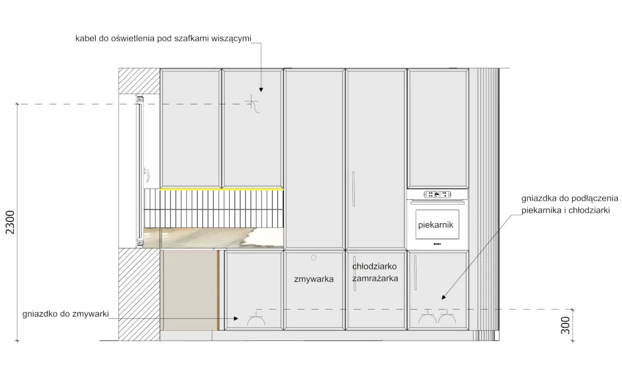 Projekt kuchni pokazuje, jak zaznaczyć gniazdka na projekcie: dla zmywarki, piekarnika i lodarki.