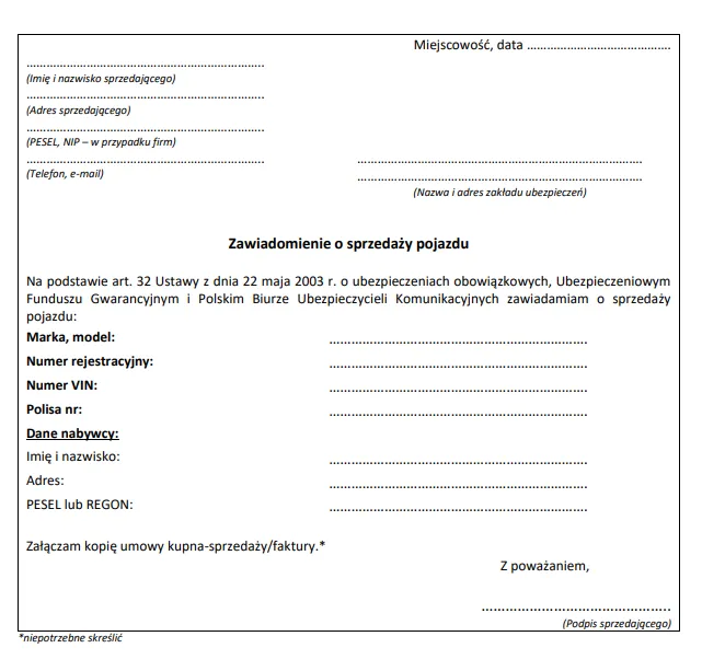 dokumenty zgłoszenie sprzedaży ubezpieczyciel